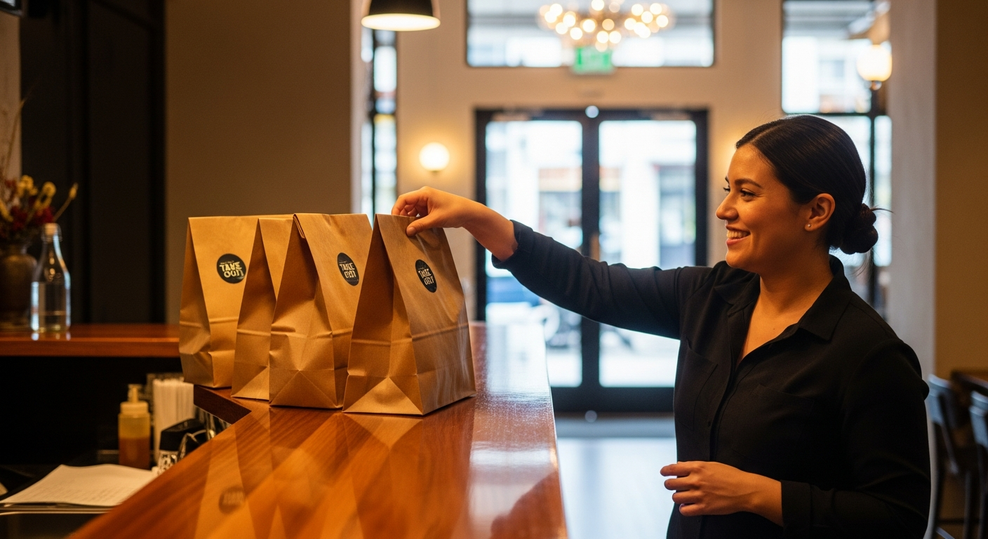 Happy customer picking up takeout order at restaurant counter, brown paper bags