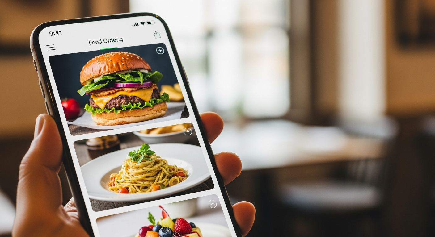 Smartphone screen showing beautiful mobile food ordering menu with appetizing fo