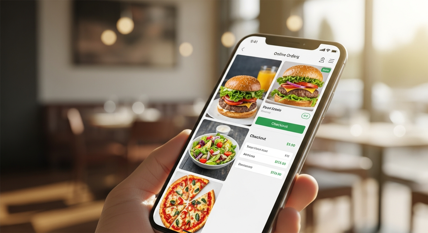Clean modern restaurant online ordering interface on smartphone showing food pho