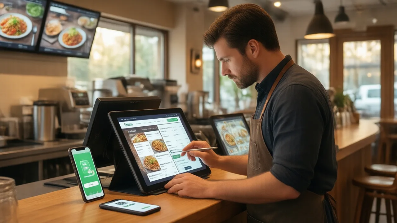 Restaurant owner in an apron updating a digital menu on a counter tablet, with the same menu mirrored across a website, a phone ordering app, and a delivery-app tile